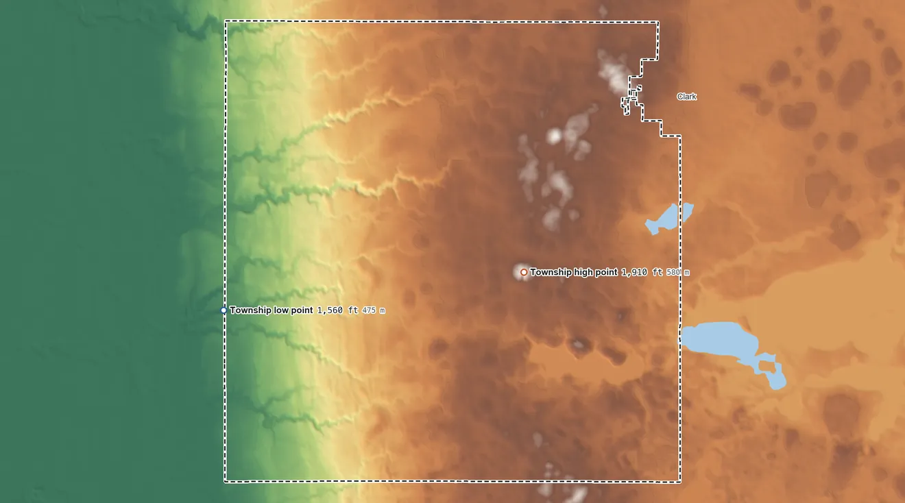 Topographic elevation map of Lincoln Township, Clark County, South Dakota, shaded from 1,560 ft on the west side to 1,910 ft near the middle