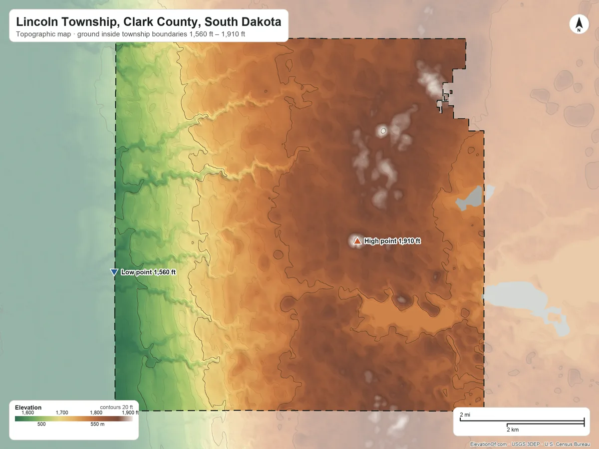 Topographic elevation map of Lincoln Township, Clark County, South Dakota, shaded from 1,560 ft on the west side to 1,910 ft near the middle