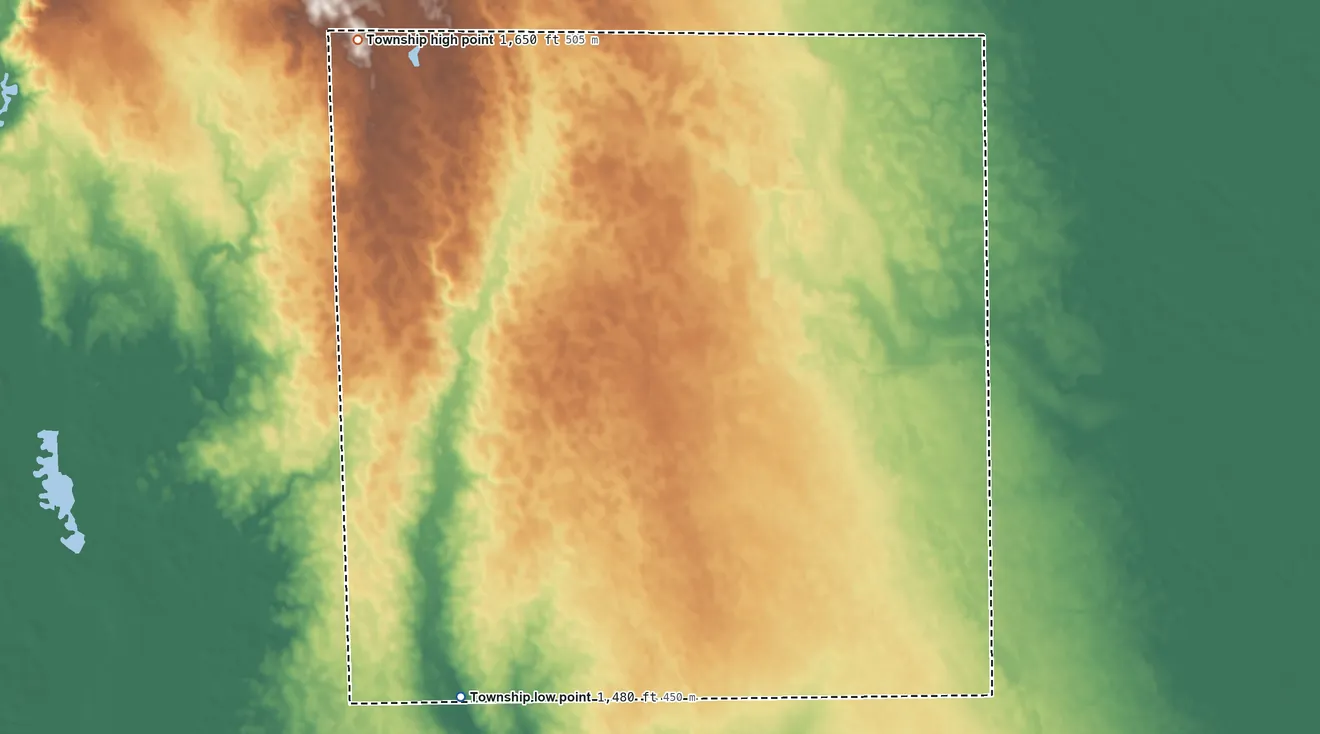 Topographic elevation map of Lincoln Township, Douglas County, South Dakota, shaded from 1,480 ft on the southwest side to 1,650 ft on the northwest side