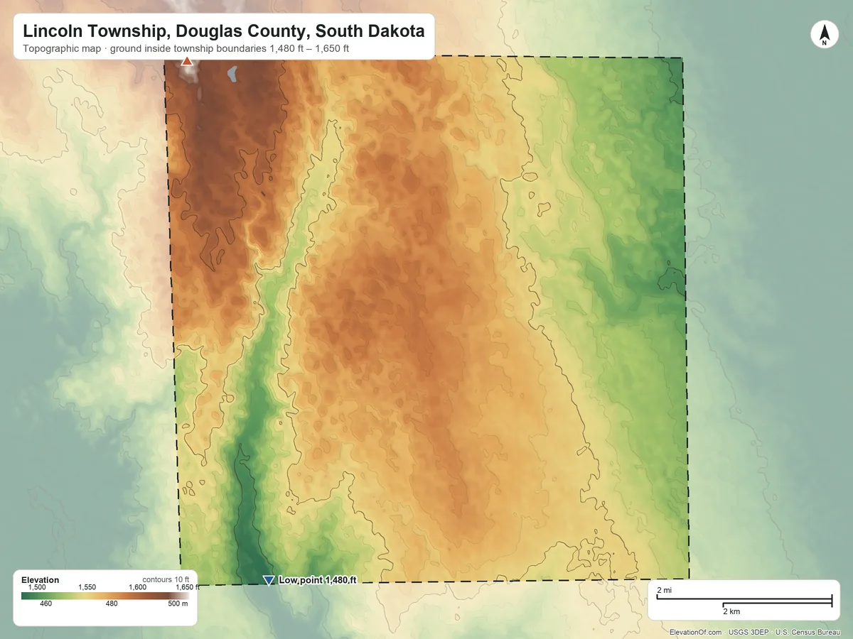 Topographic elevation map of Lincoln Township, Douglas County, South Dakota, shaded from 1,480 ft on the southwest side to 1,650 ft on the northwest side