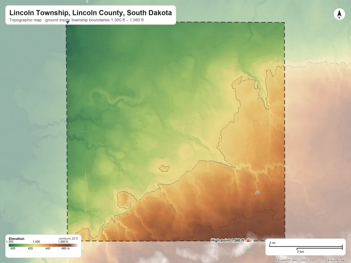Topographic elevation map of Lincoln Township, Lincoln County, South Dakota, shaded from 1,300 ft on the northwest side to 1,560 ft on the southeast side