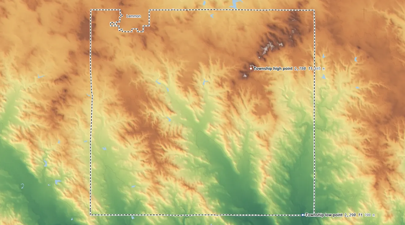 Topographic elevation map of Lincoln Township, Perkins County, South Dakota, shaded from 2,290 ft on the southeast side to 2,780 ft on the east side