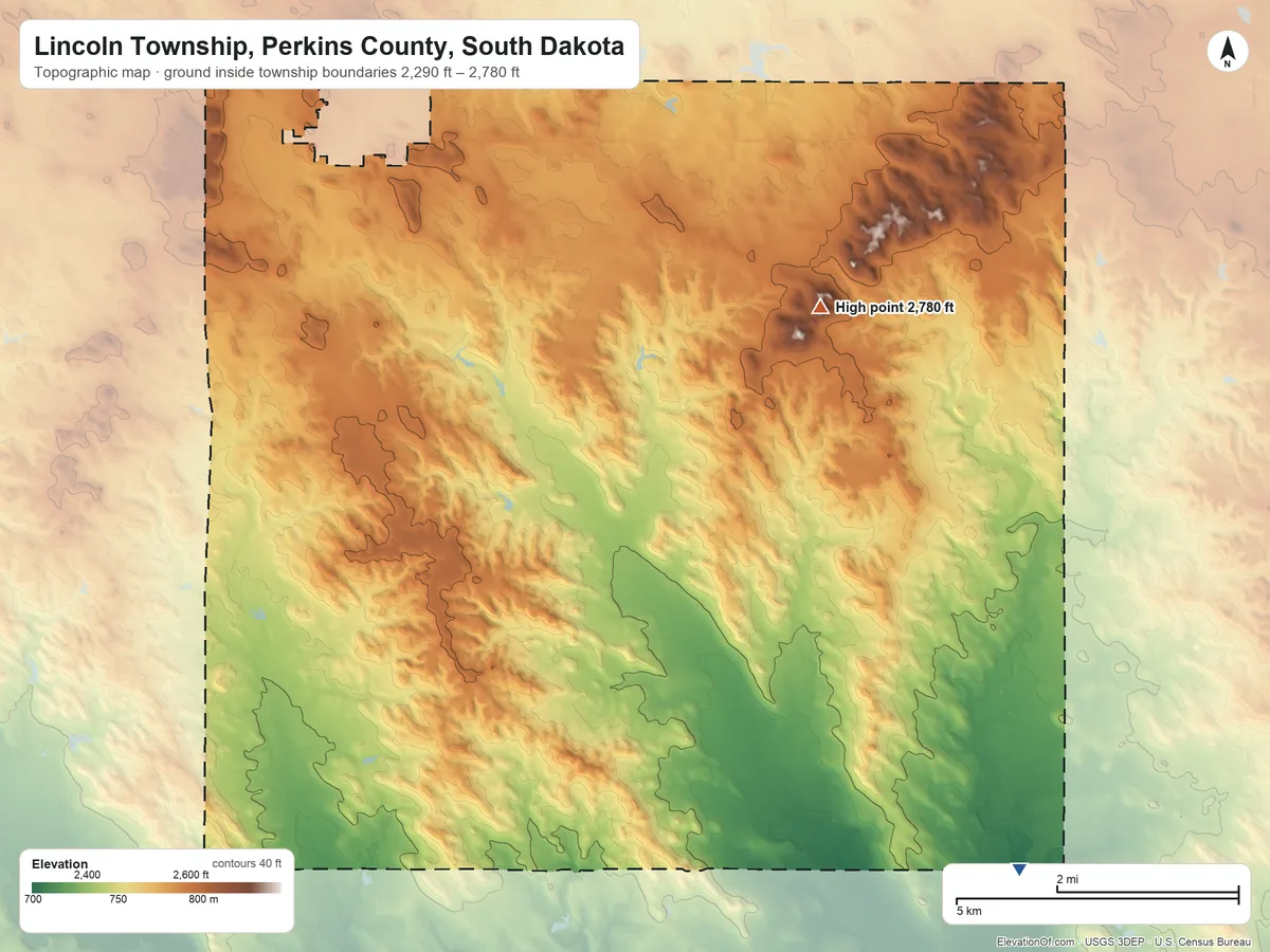 Topographic elevation map of Lincoln Township, Perkins County, South Dakota, shaded from 2,290 ft on the southeast side to 2,780 ft on the east side