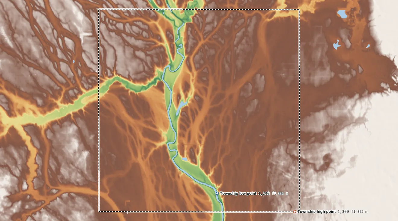 Topographic elevation map of Lincoln Township, Spink County, South Dakota, shaded from 1,240 ft on the south side to 1,300 ft on the southeast side