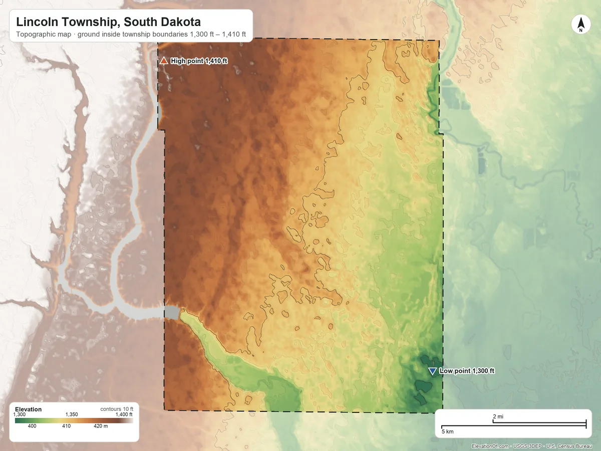 Topographic elevation map of Lincoln Township, South Dakota, shaded from 1,300 ft on the east side to 1,410 ft on the northwest side