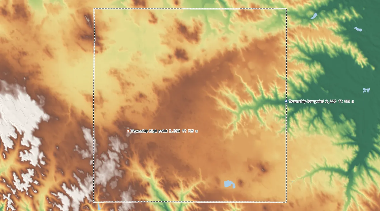 Topographic elevation map of Lincoln Township, Tripp County, South Dakota, shaded from 2,220 ft on the southeast side to 2,380 ft on the southwest side