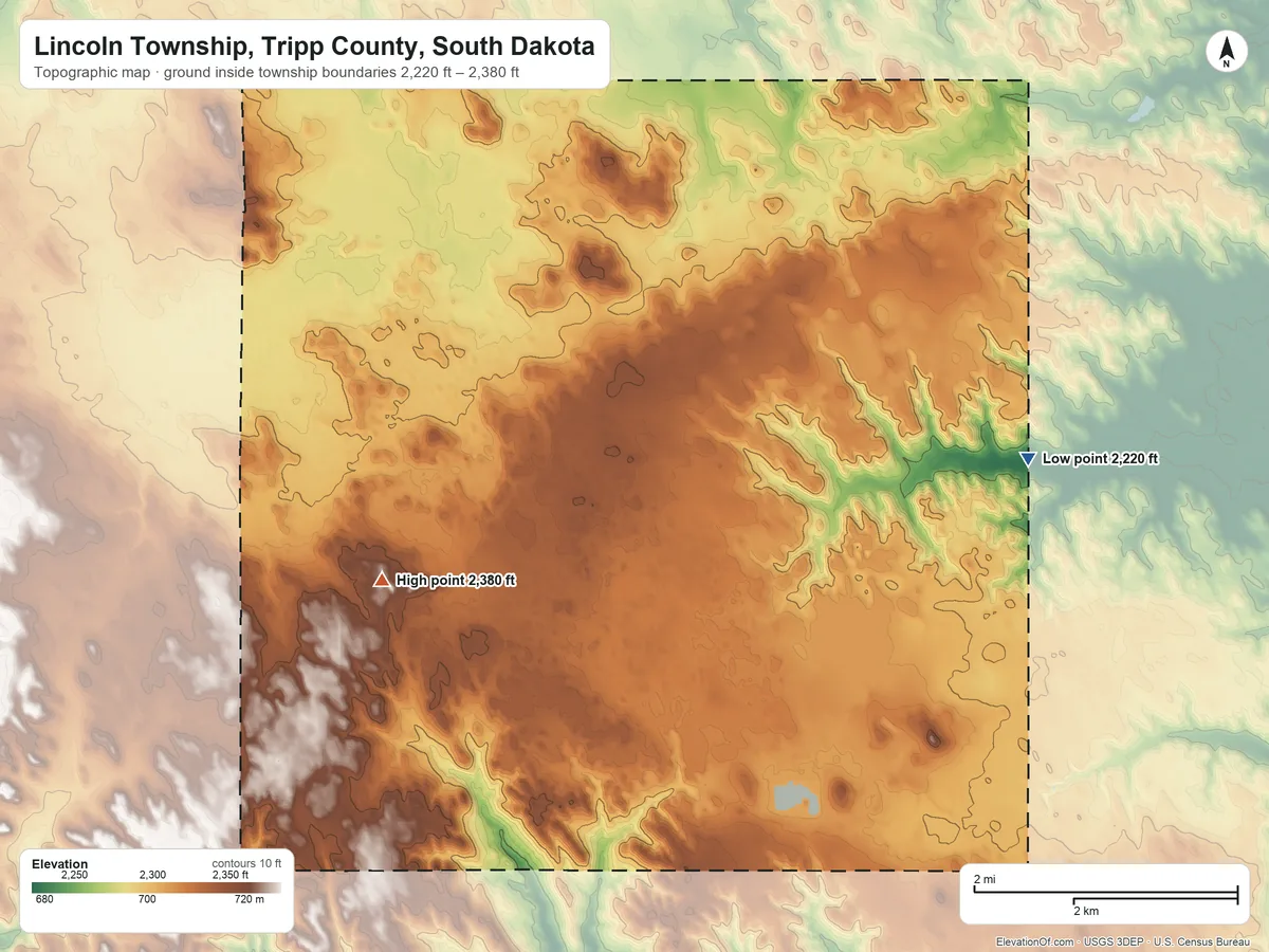 Topographic elevation map of Lincoln Township, Tripp County, South Dakota, shaded from 2,220 ft on the southeast side to 2,380 ft on the southwest side