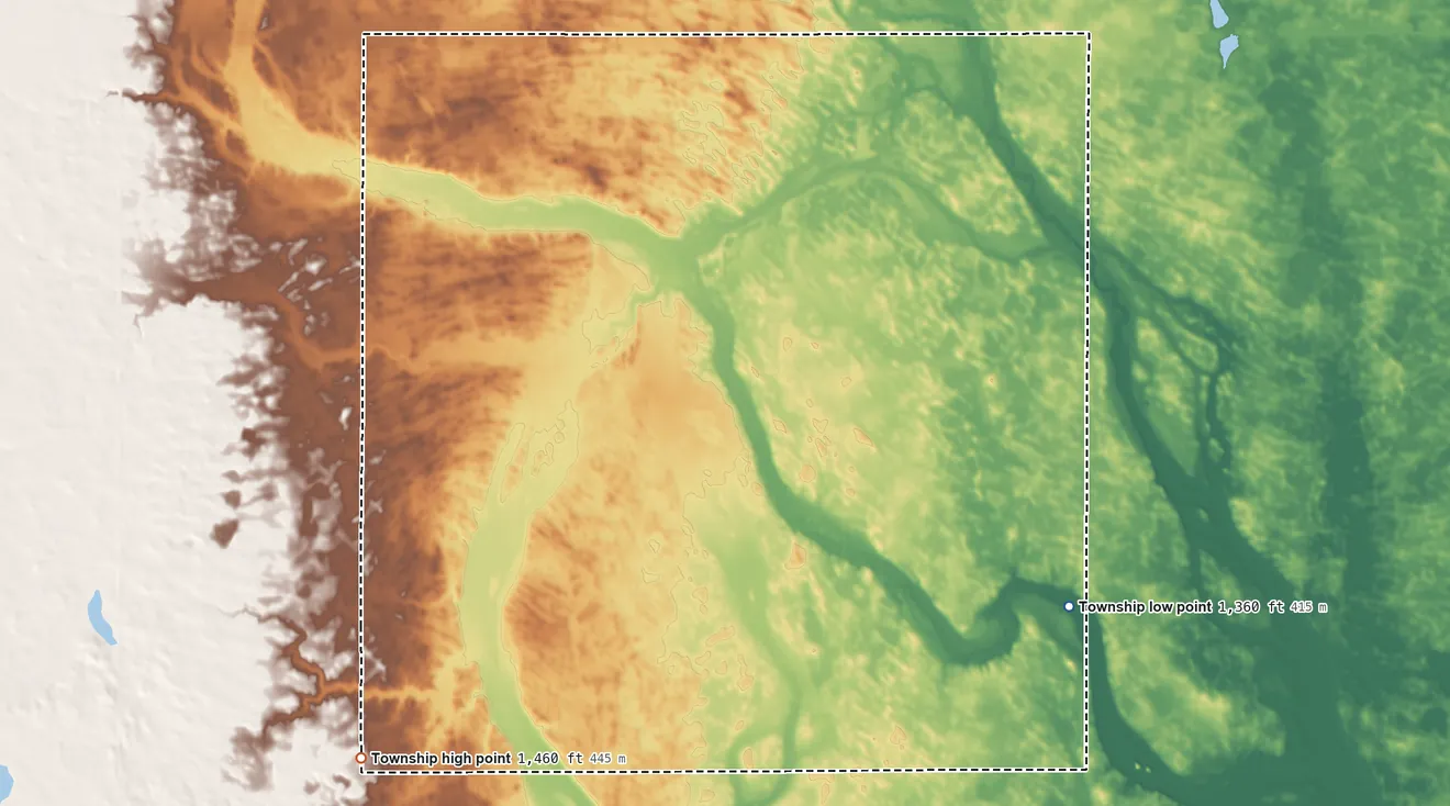 Topographic elevation map of Linn Township, South Dakota, shaded from 1,360 ft on the southeast side to 1,460 ft on the southwest side