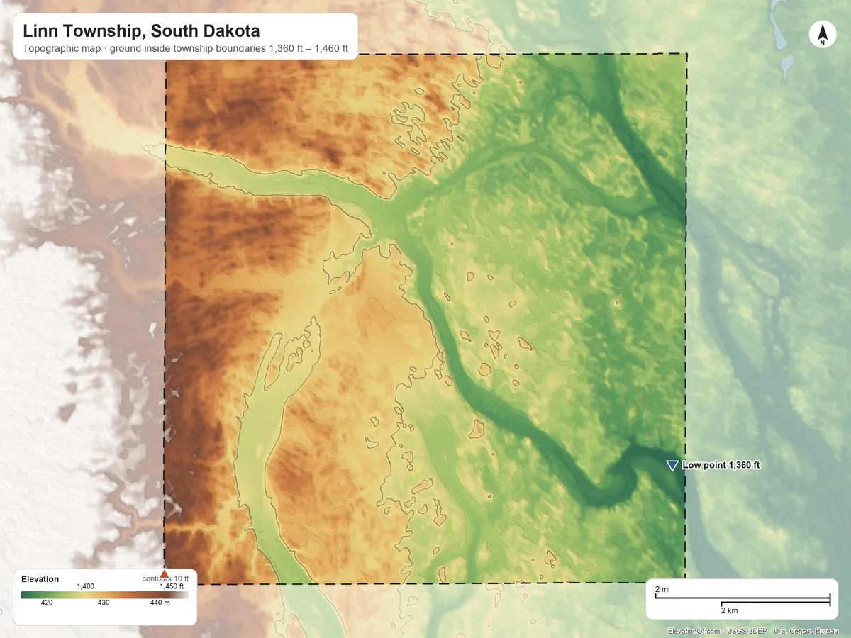 Topographic elevation map of Linn Township, South Dakota, shaded from 1,360 ft on the southeast side to 1,460 ft on the southwest side