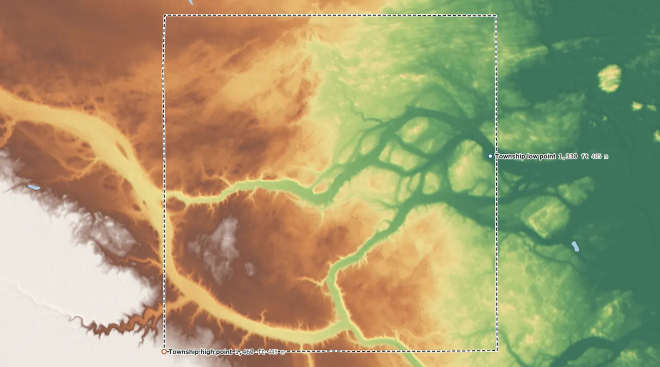 Topographic elevation map of Lisbon Township, South Dakota, shaded from 1,330 ft on the east side to 1,460 ft on the southwest side
