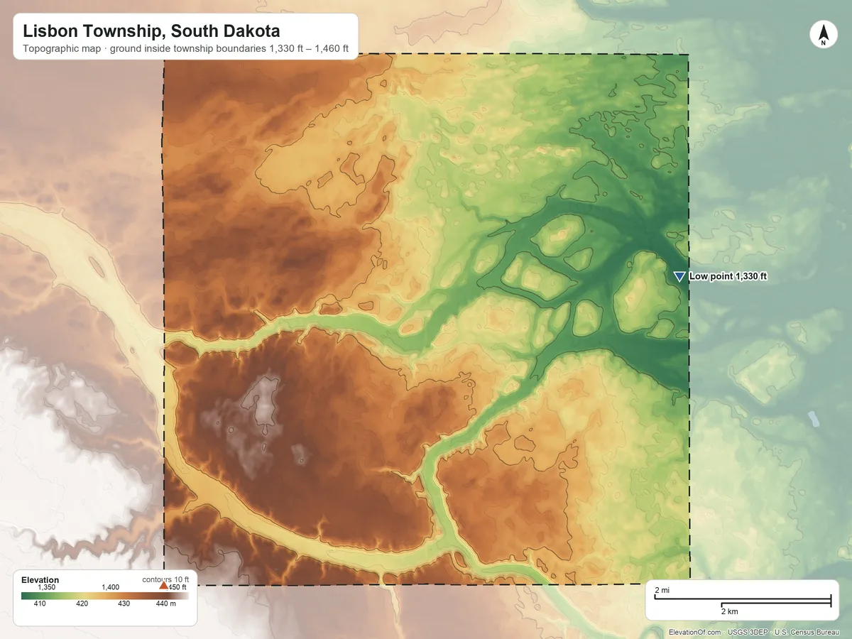 Topographic elevation map of Lisbon Township, South Dakota, shaded from 1,330 ft on the east side to 1,460 ft on the southwest side