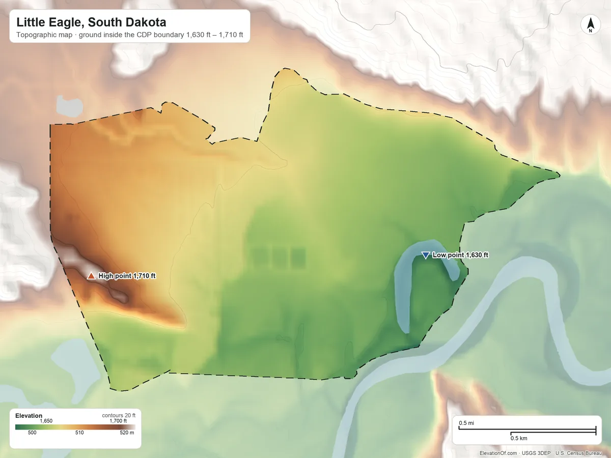 Topographic elevation map of Little Eagle, South Dakota, shaded from 1,630 ft on the east side to 1,710 ft at the foot of the Kline Buttes