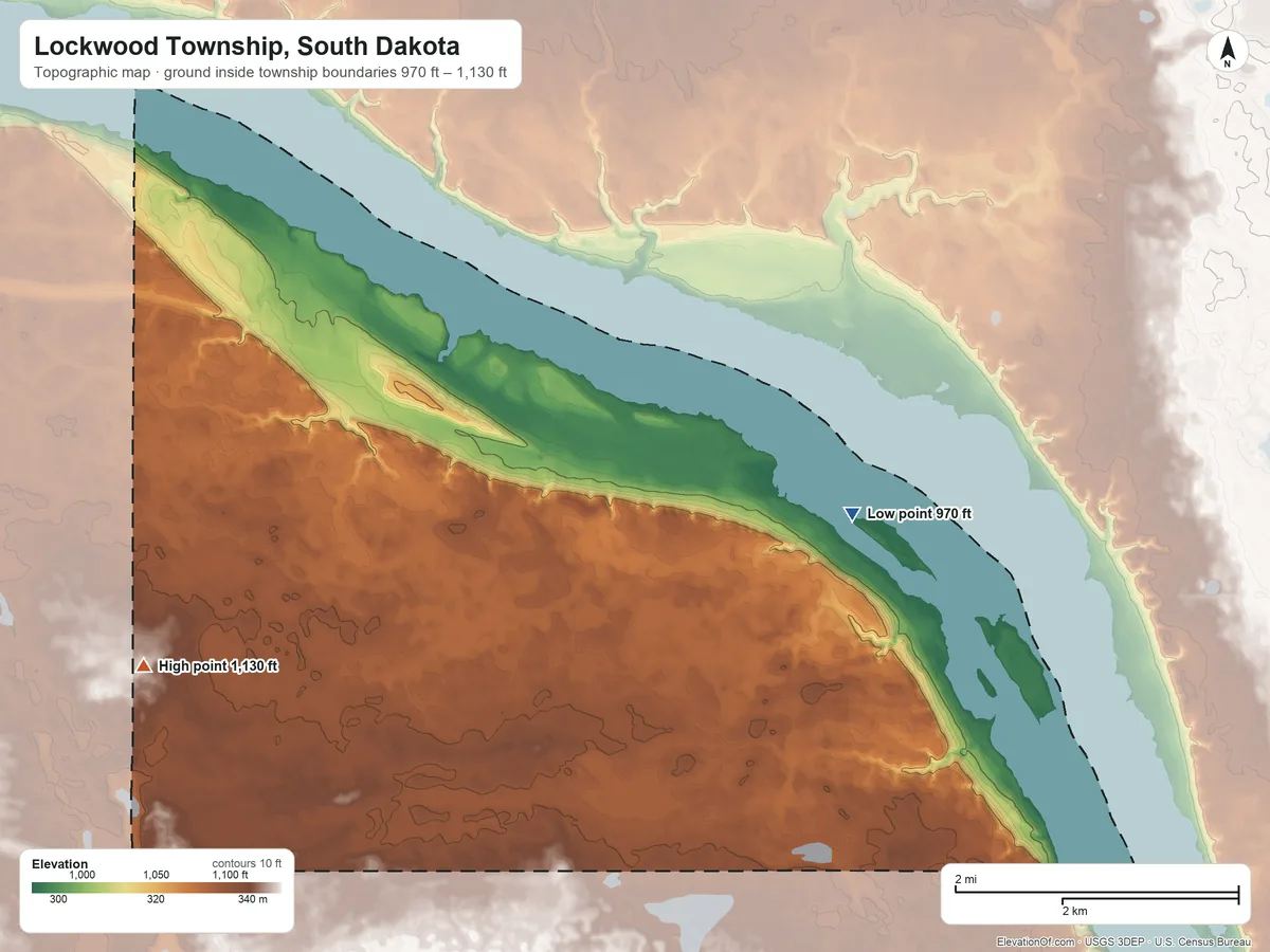 Topographic elevation map of Lockwood Township, South Dakota, shaded from 970 ft on the east side to 1,130 ft on the west side