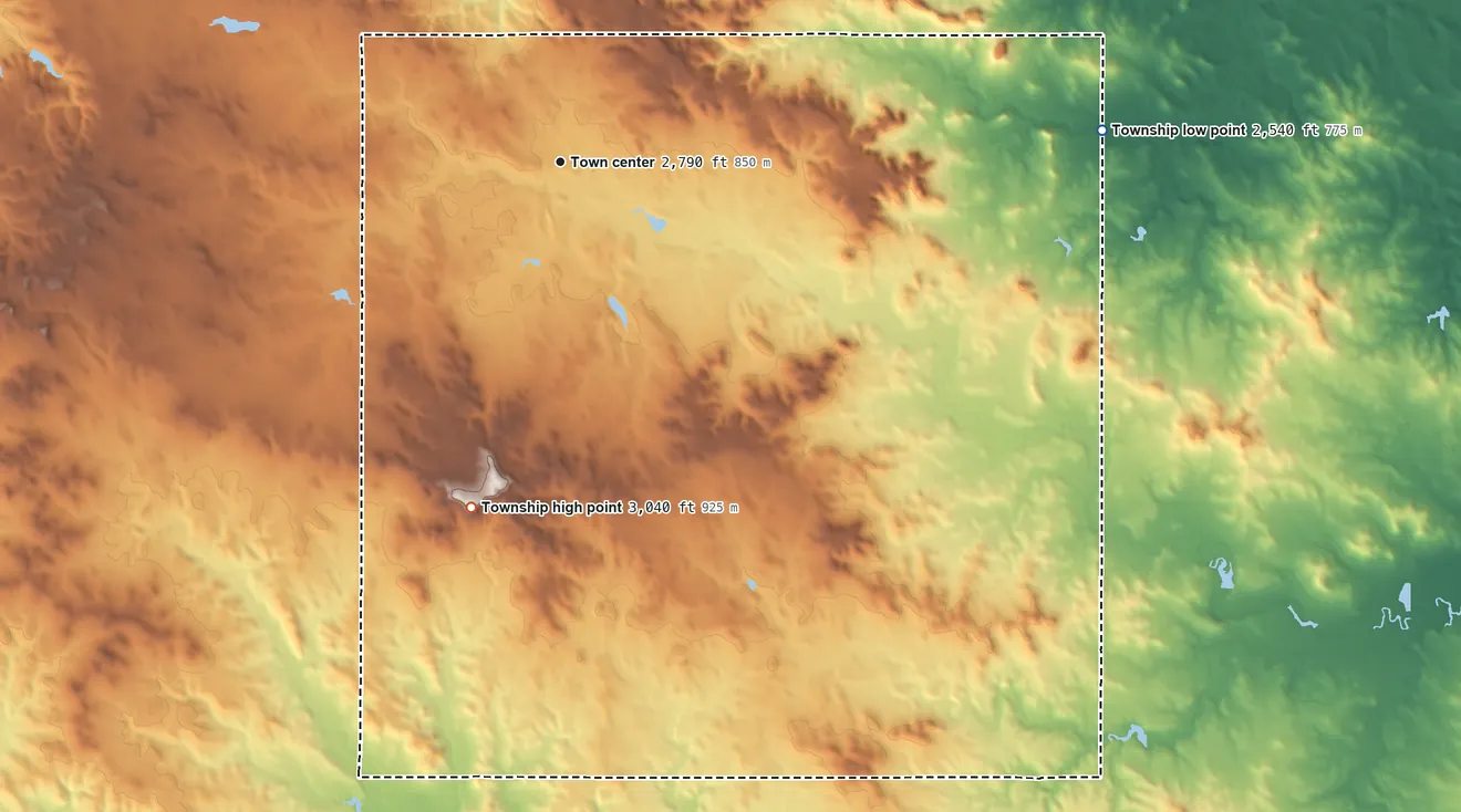 Topographic elevation map of Lodgepole Township, South Dakota, shaded from 2,540 ft on the east side to 3,040 ft on the south side