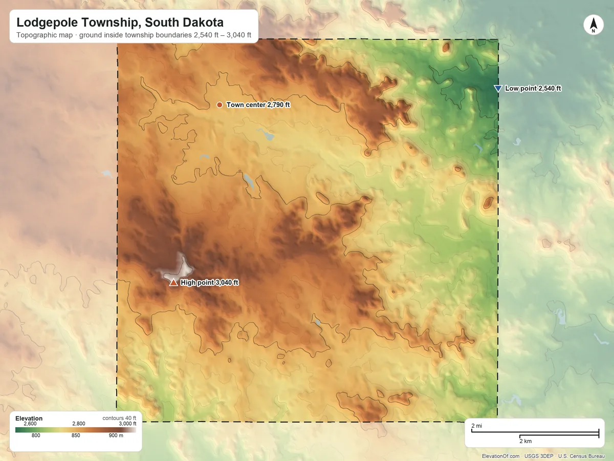 Topographic elevation map of Lodgepole Township, South Dakota, shaded from 2,540 ft on the east side to 3,040 ft on the south side