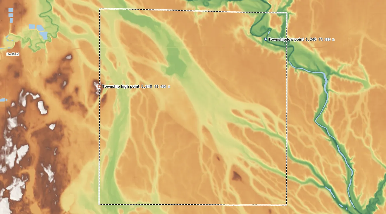 Topographic elevation map of Lodi Township, South Dakota, shaded from 1,240 ft on the east side to 1,340 ft on the west side