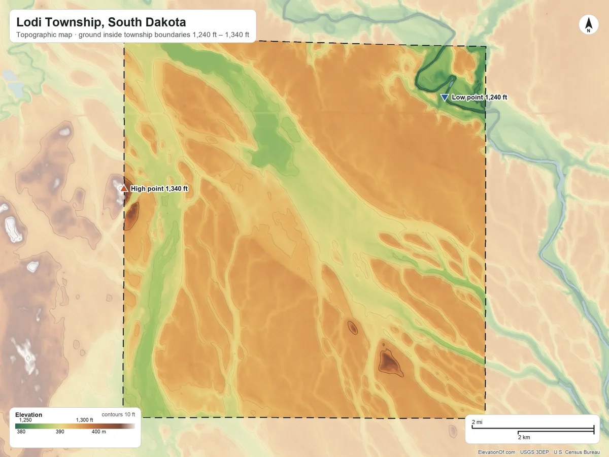 Topographic elevation map of Lodi Township, South Dakota, shaded from 1,240 ft on the east side to 1,340 ft on the west side