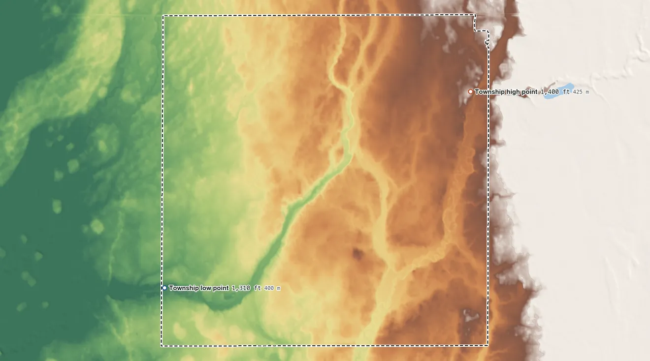 Topographic elevation map of Logan Township, Beadle County, South Dakota, shaded from 1,310 ft on the southwest side to 1,400 ft on the northeast side