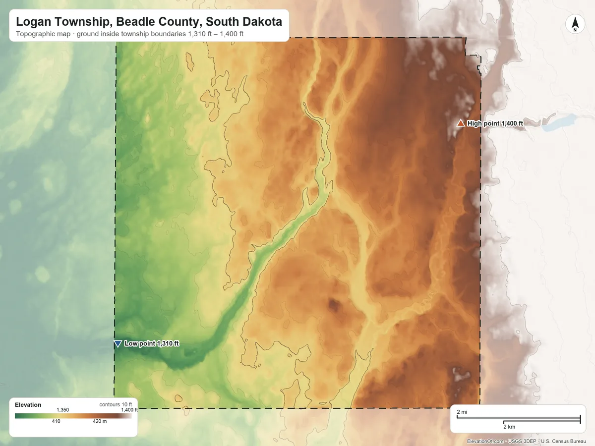 Topographic elevation map of Logan Township, Beadle County, South Dakota, shaded from 1,310 ft on the southwest side to 1,400 ft on the northeast side