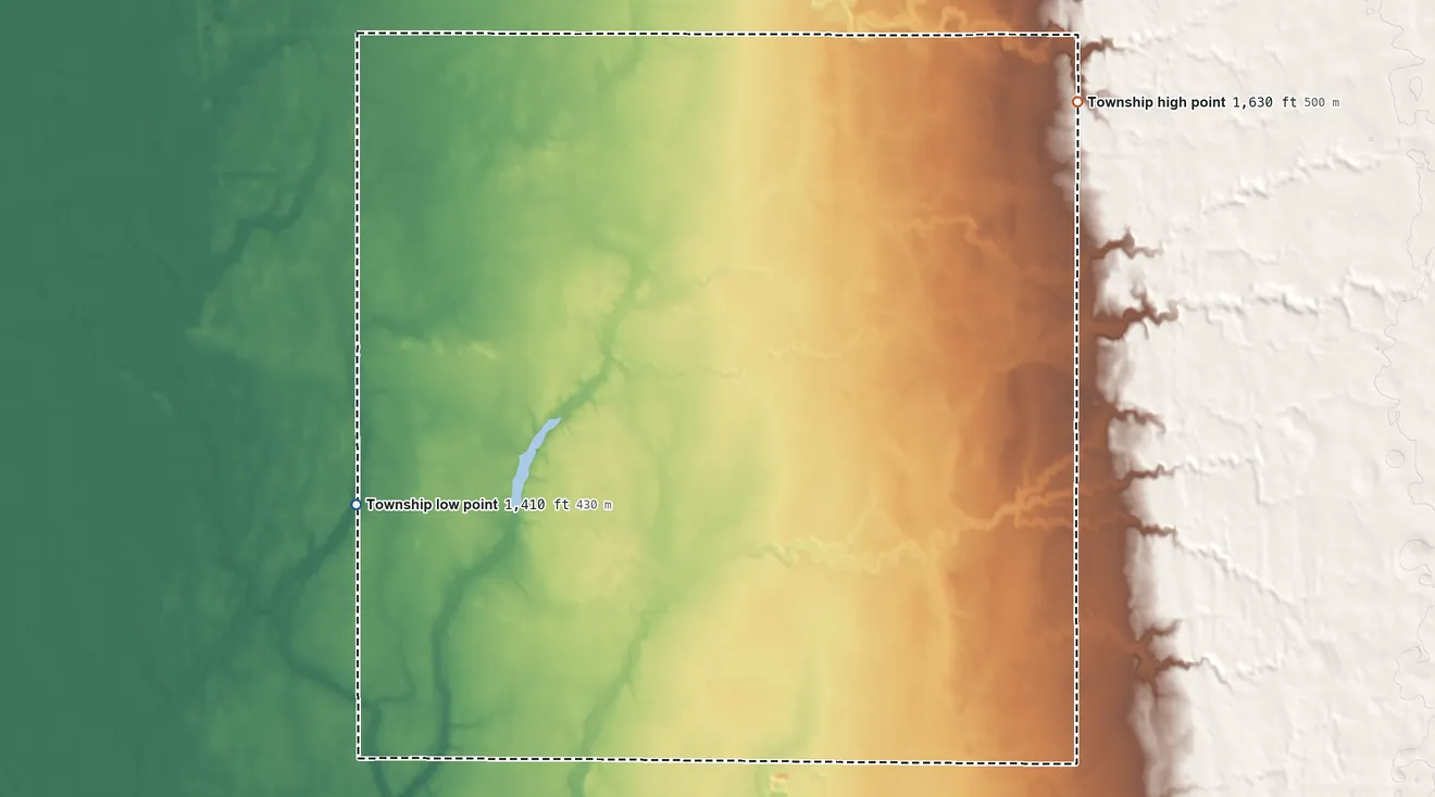 Topographic elevation map of Logan Township, Clark County, South Dakota, shaded from 1,410 ft on the southwest side to 1,630 ft on the northeast side