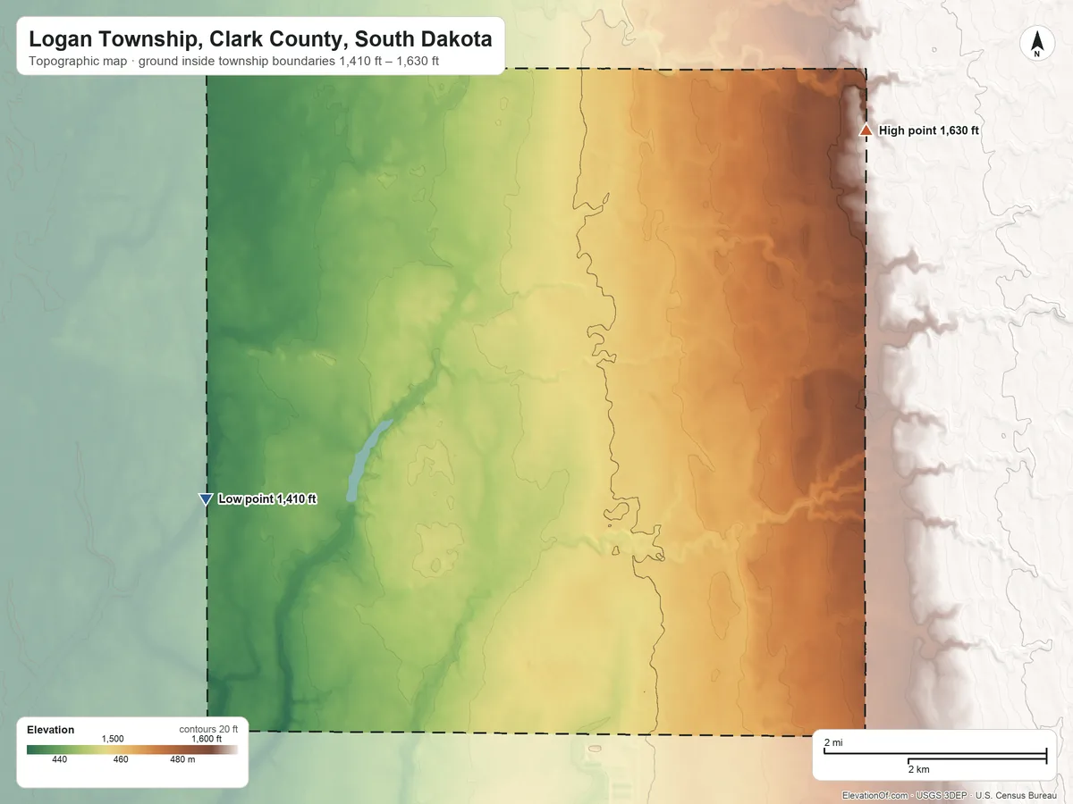 Topographic elevation map of Logan Township, Clark County, South Dakota, shaded from 1,410 ft on the southwest side to 1,630 ft on the northeast side