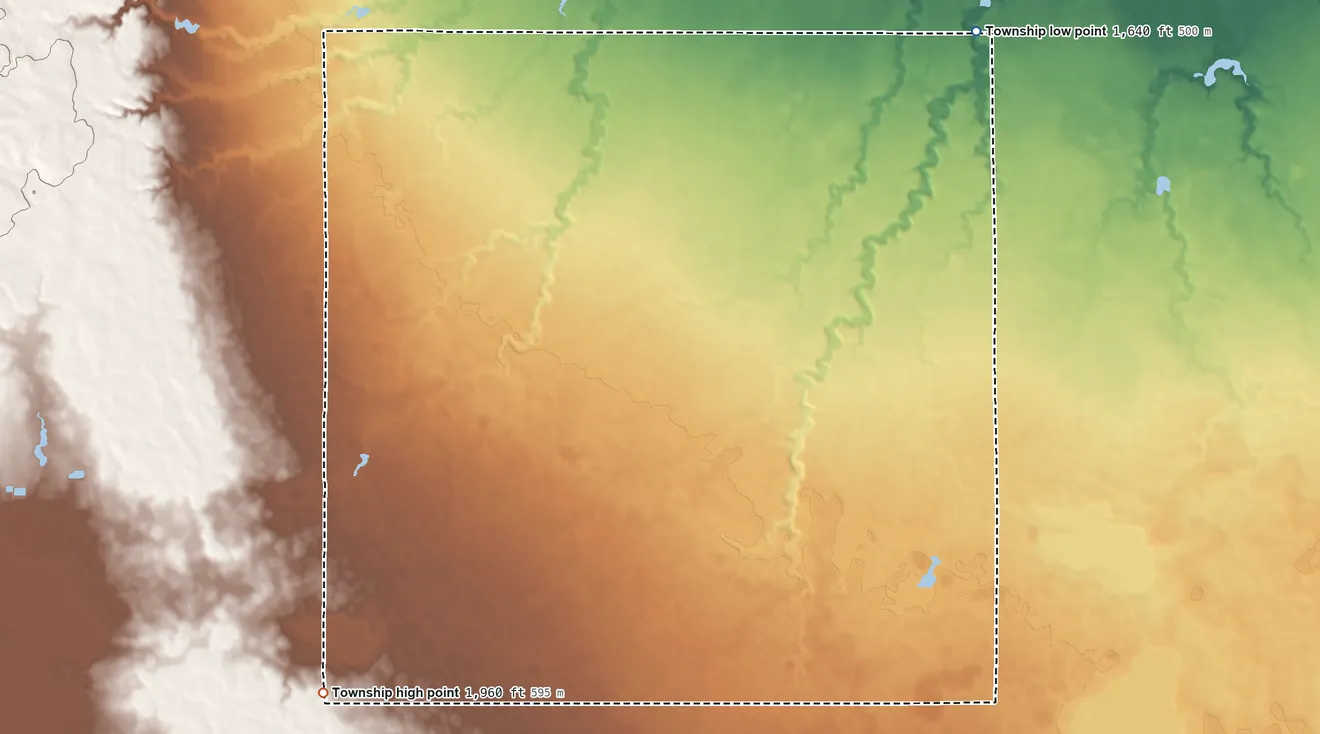 Topographic elevation map of Logan Township, Hand County, South Dakota, shaded from 1,640 ft on the northeast side to 1,960 ft on the southwest side