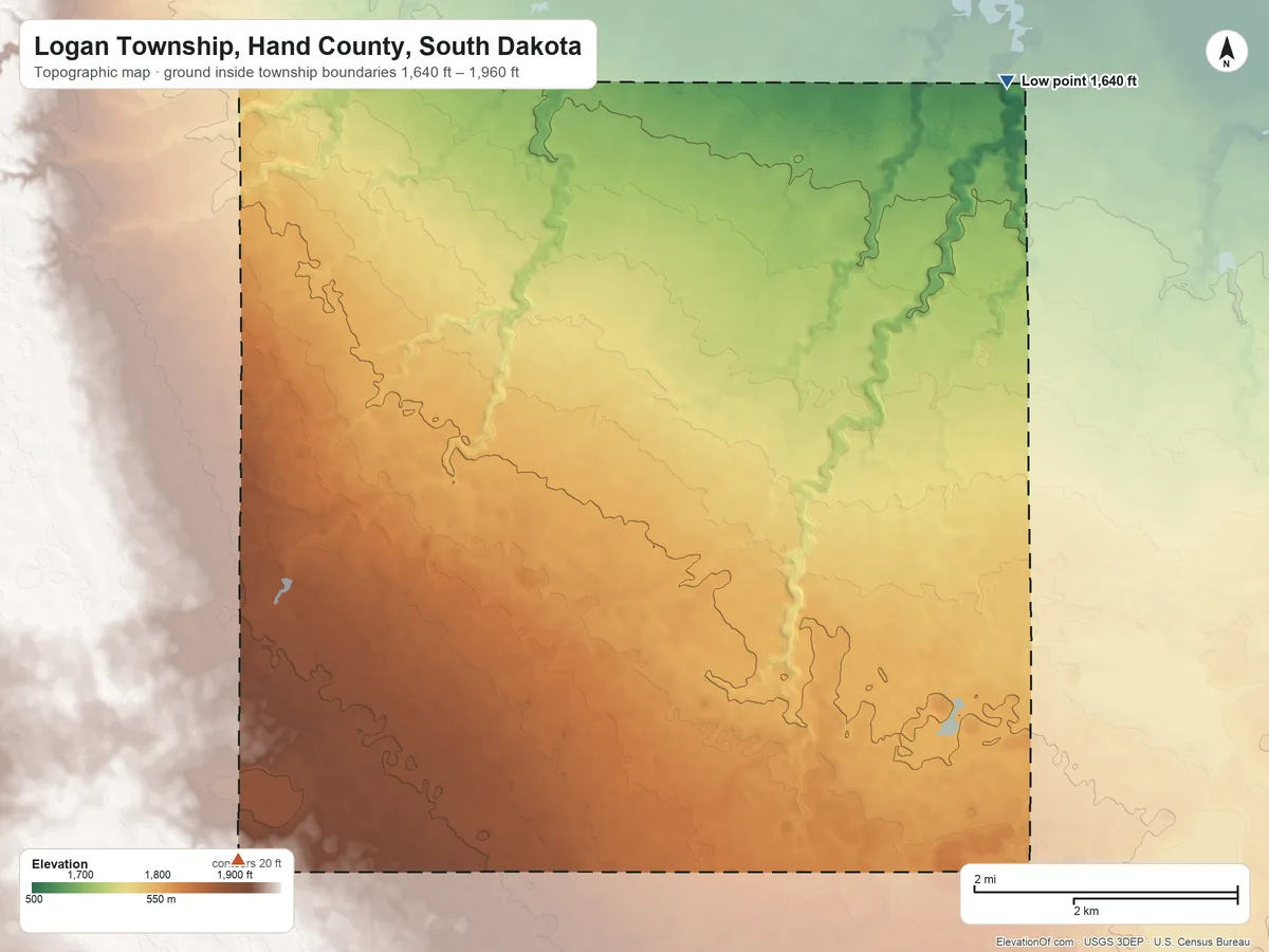 Topographic elevation map of Logan Township, Hand County, South Dakota, shaded from 1,640 ft on the northeast side to 1,960 ft on the southwest side