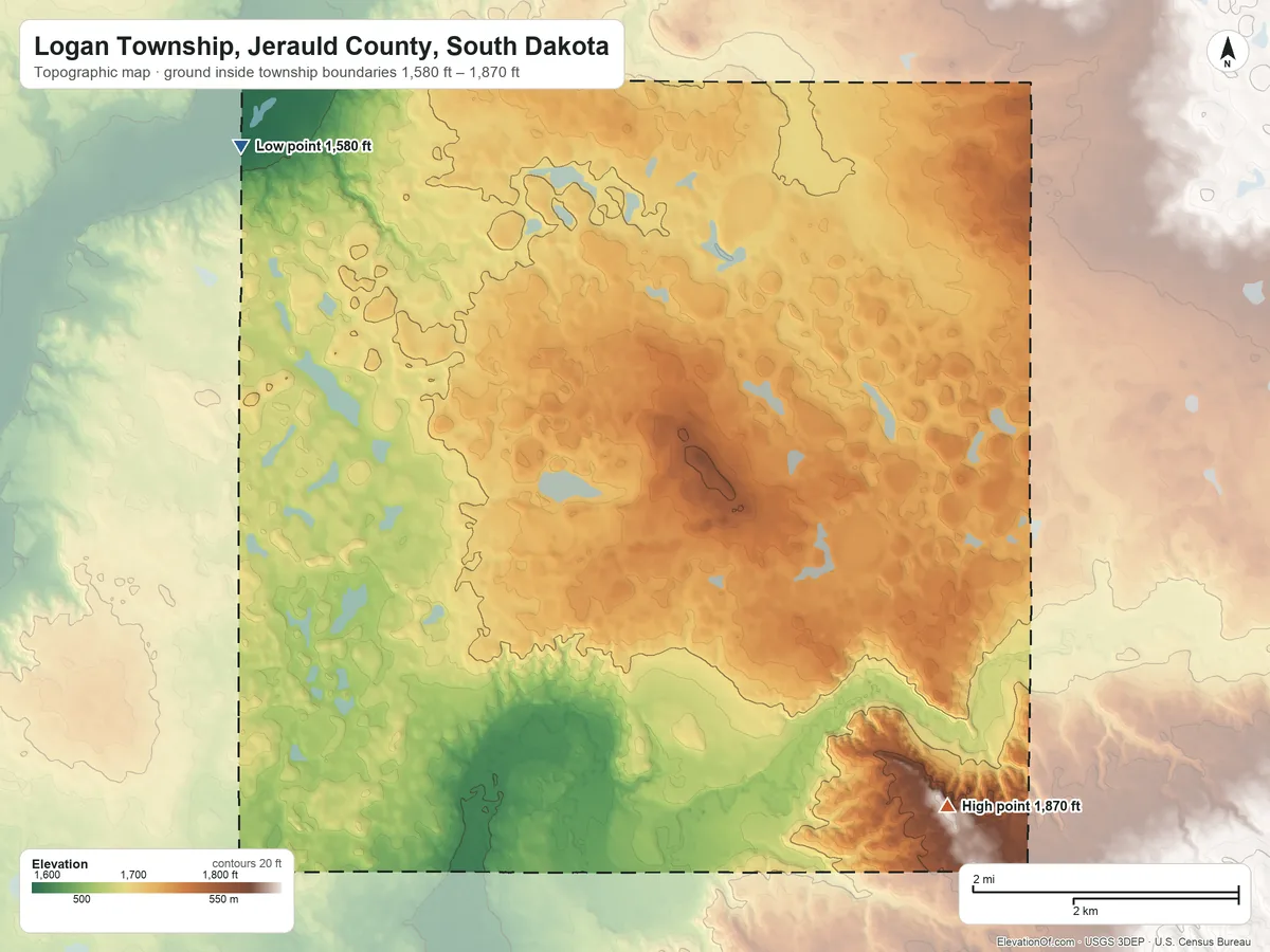 Topographic elevation map of Logan Township, Jerauld County, South Dakota, shaded from 1,580 ft on the west side to 1,870 ft on the south side