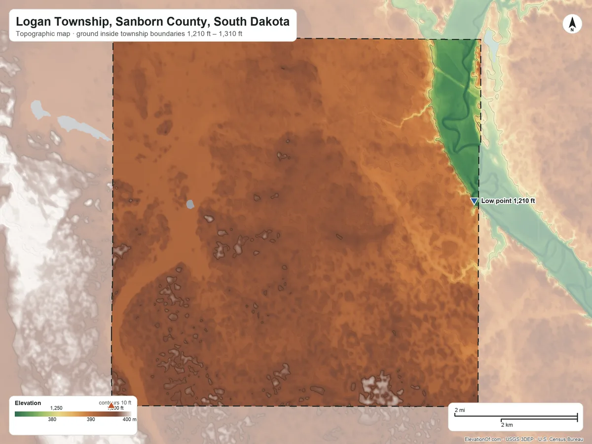Topographic elevation map of Logan Township, Sanborn County, South Dakota, shaded from 1,210 ft on the east side to 1,310 ft on the southwest side
