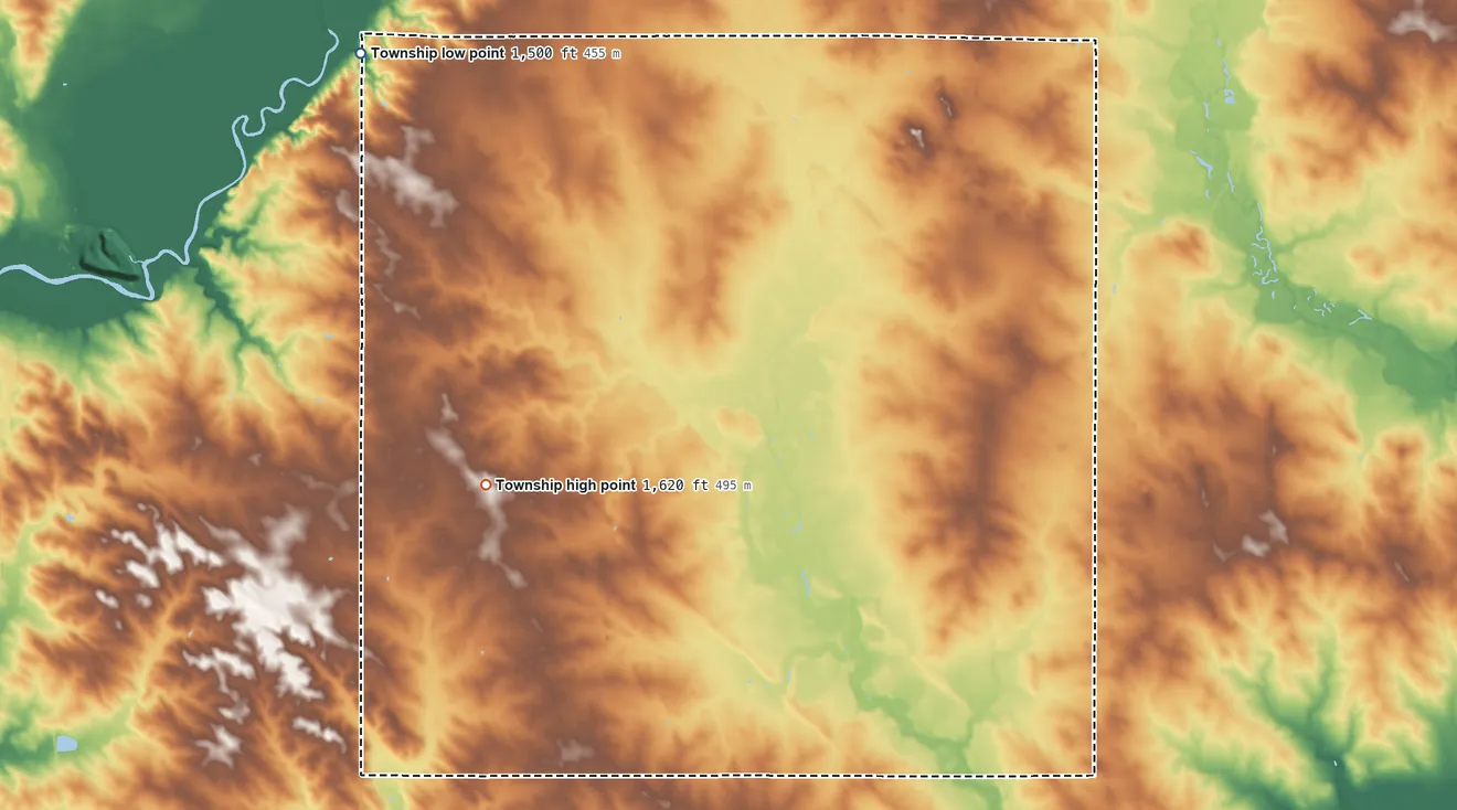 Topographic elevation map of Logan Township, South Dakota, shaded from 1,500 ft on the northwest side to 1,620 ft on the southwest side