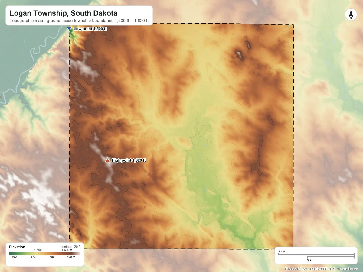 Topographic elevation map of Logan Township, South Dakota, shaded from 1,500 ft on the northwest side to 1,620 ft on the southwest side
