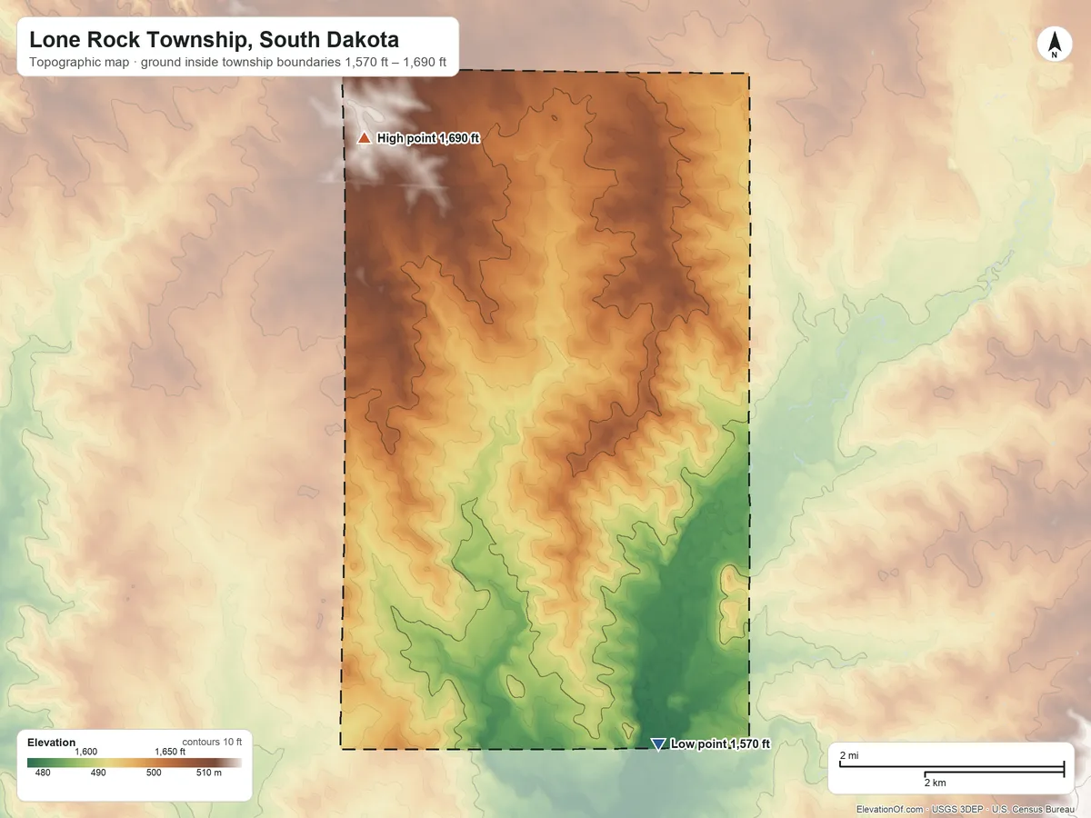 Topographic elevation map of Lone Rock Township, South Dakota, shaded from 1,570 ft on the south side to 1,690 ft on the northwest side