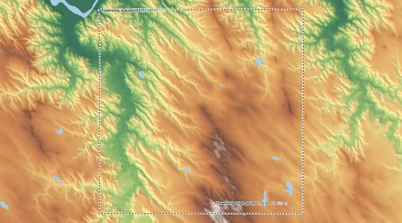 Topographic elevation map of Lone Star Township, South Dakota, shaded from 1,550 ft on the northwest side to 2,030 ft on the southwest side