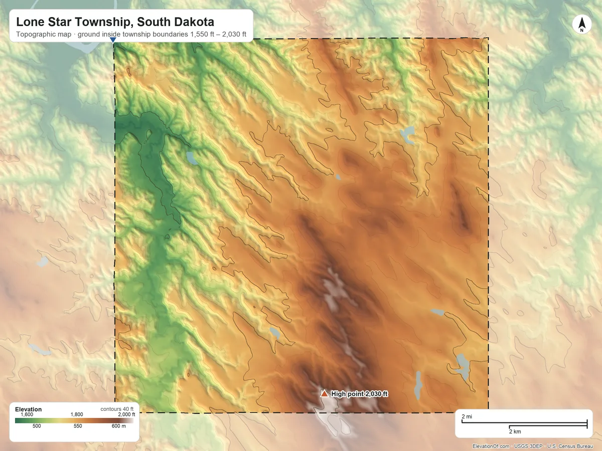 Topographic elevation map of Lone Star Township, South Dakota, shaded from 1,550 ft on the northwest side to 2,030 ft on the southwest side