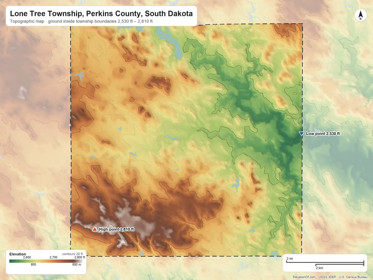 Topographic elevation map of Lone Tree Township, Perkins County, South Dakota, shaded from 2,530 ft on the east side to 2,810 ft on the southwest side