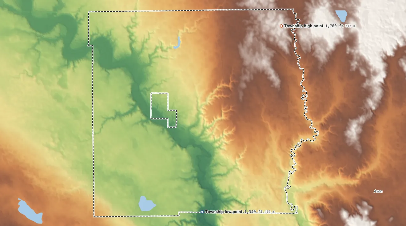 Topographic elevation map of Lone Tree Township, South Dakota, shaded from 1,340 ft on the south side to 1,700 ft on the northeast side