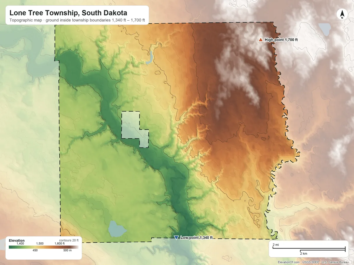 Topographic elevation map of Lone Tree Township, South Dakota, shaded from 1,340 ft on the south side to 1,700 ft on the northeast side