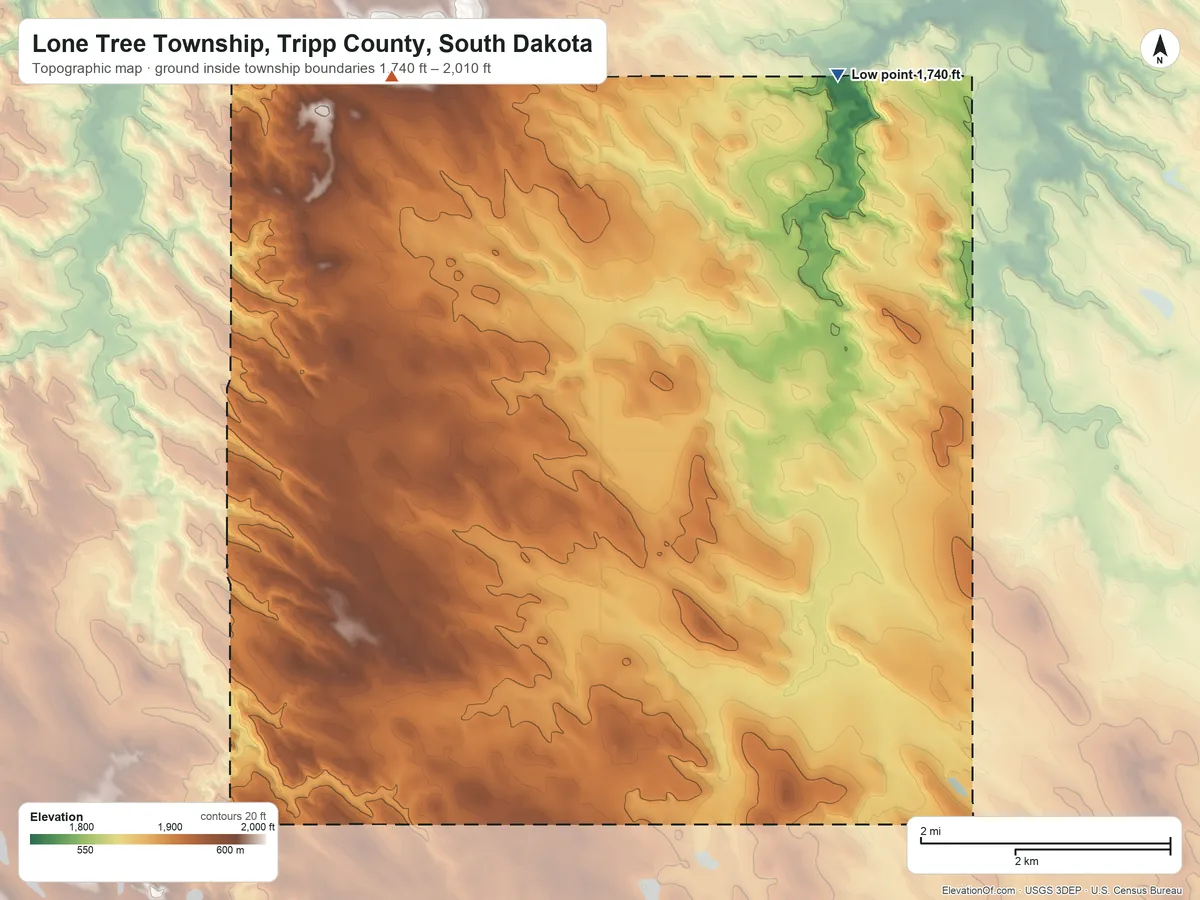 Topographic elevation map of Lone Tree Township, Tripp County, South Dakota, shaded from 1,740 ft on the north side to 2,010 ft on the northwest side