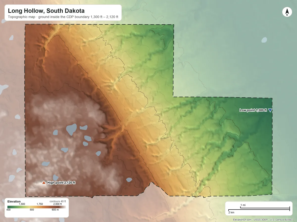 Topographic elevation map of Long Hollow, South Dakota, shaded from 1,300 ft on the east side to 2,120 ft on the southwest side