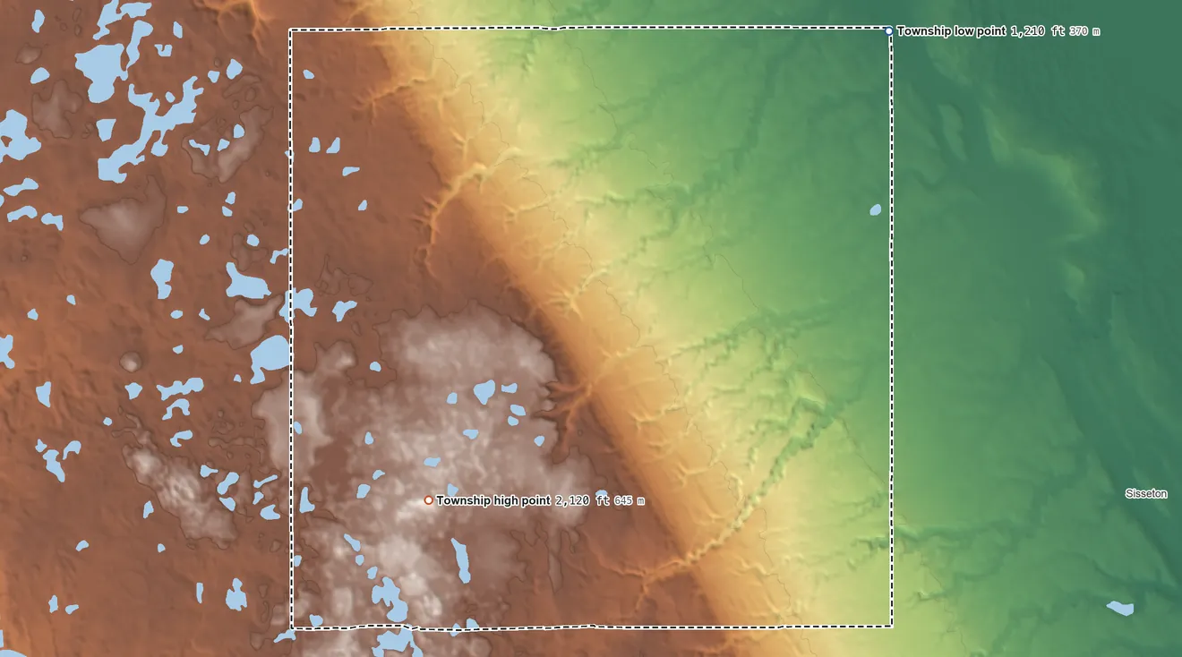Topographic elevation map of Long Hollow Township, South Dakota, shaded from 1,210 ft on the northeast side to 2,120 ft on the southwest side