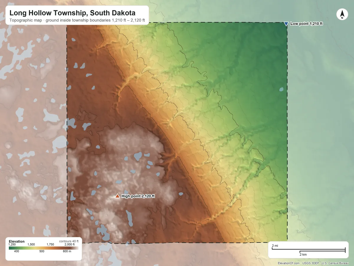 Topographic elevation map of Long Hollow Township, South Dakota, shaded from 1,210 ft on the northeast side to 2,120 ft on the southwest side