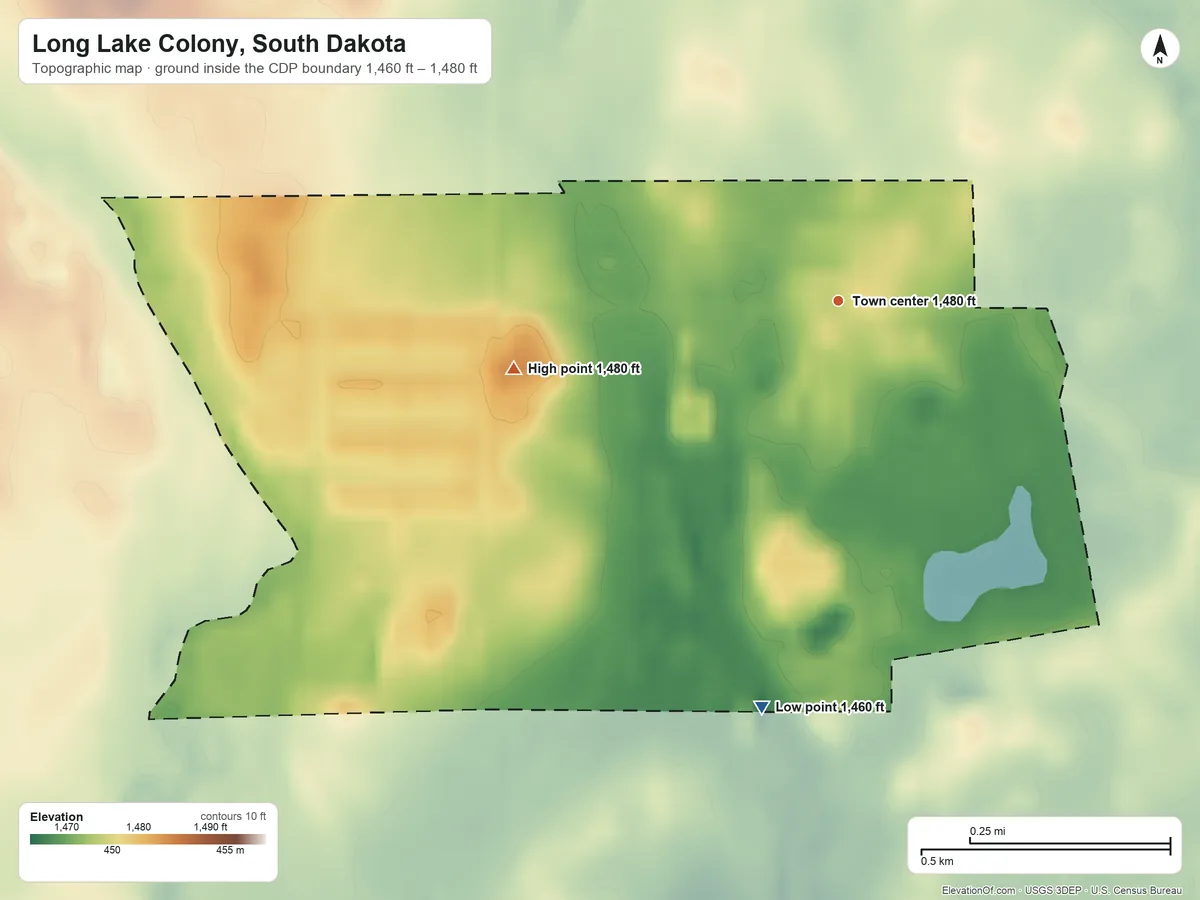 Topographic elevation map of Long Lake Colony, South Dakota, shaded from 1,460 ft on the south side to 1,480 ft on the west side