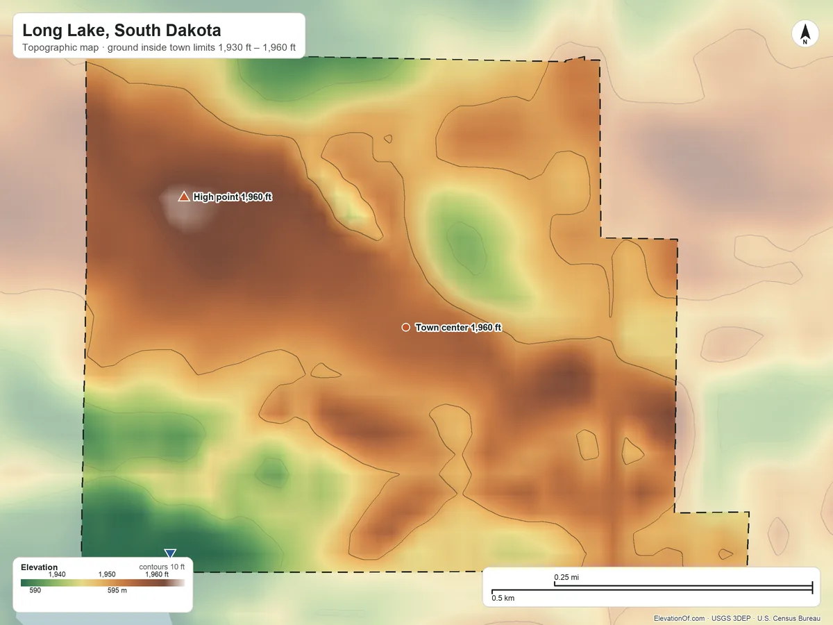 Topographic elevation map of Long Lake, South Dakota, shaded from 1,930 ft on the southwest side to 1,960 ft on the northwest side