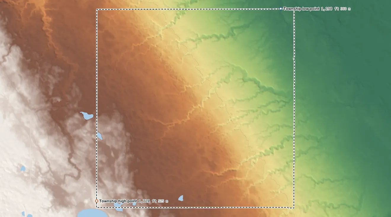 Topographic elevation map of Lowe Township, South Dakota, shaded from 1,190 ft on the northeast side to 1,720 ft on the southwest side