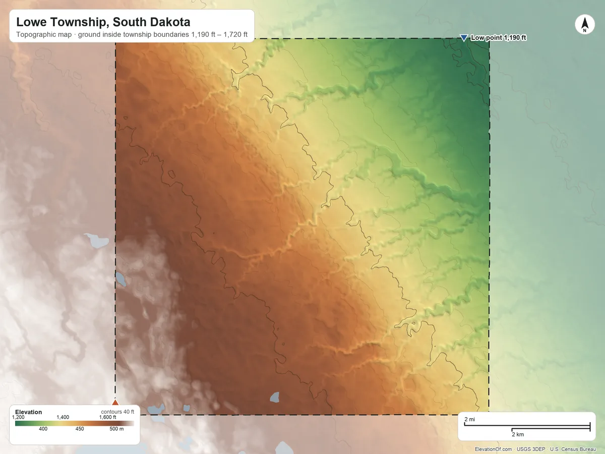 Topographic elevation map of Lowe Township, South Dakota, shaded from 1,190 ft on the northeast side to 1,720 ft on the southwest side