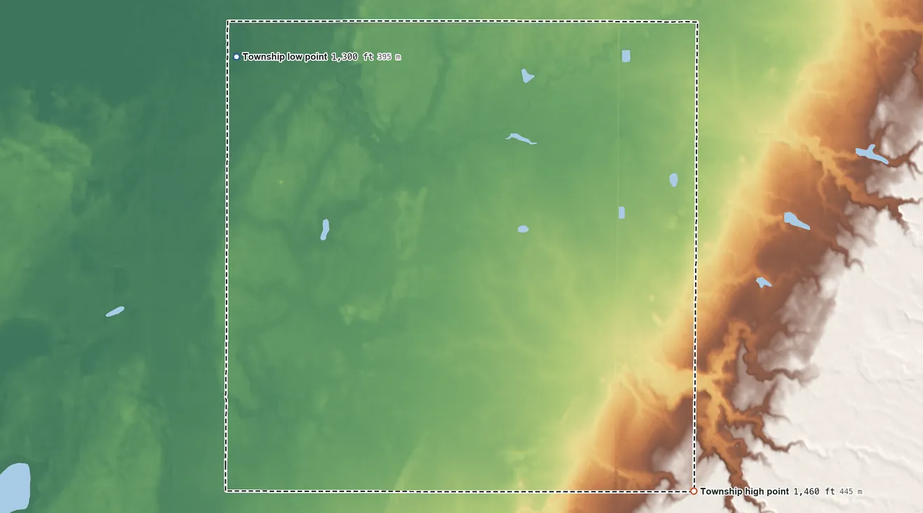 Topographic elevation map of Lowell Township, South Dakota, shaded from 1,300 ft on the northwest side to 1,460 ft on the southeast side