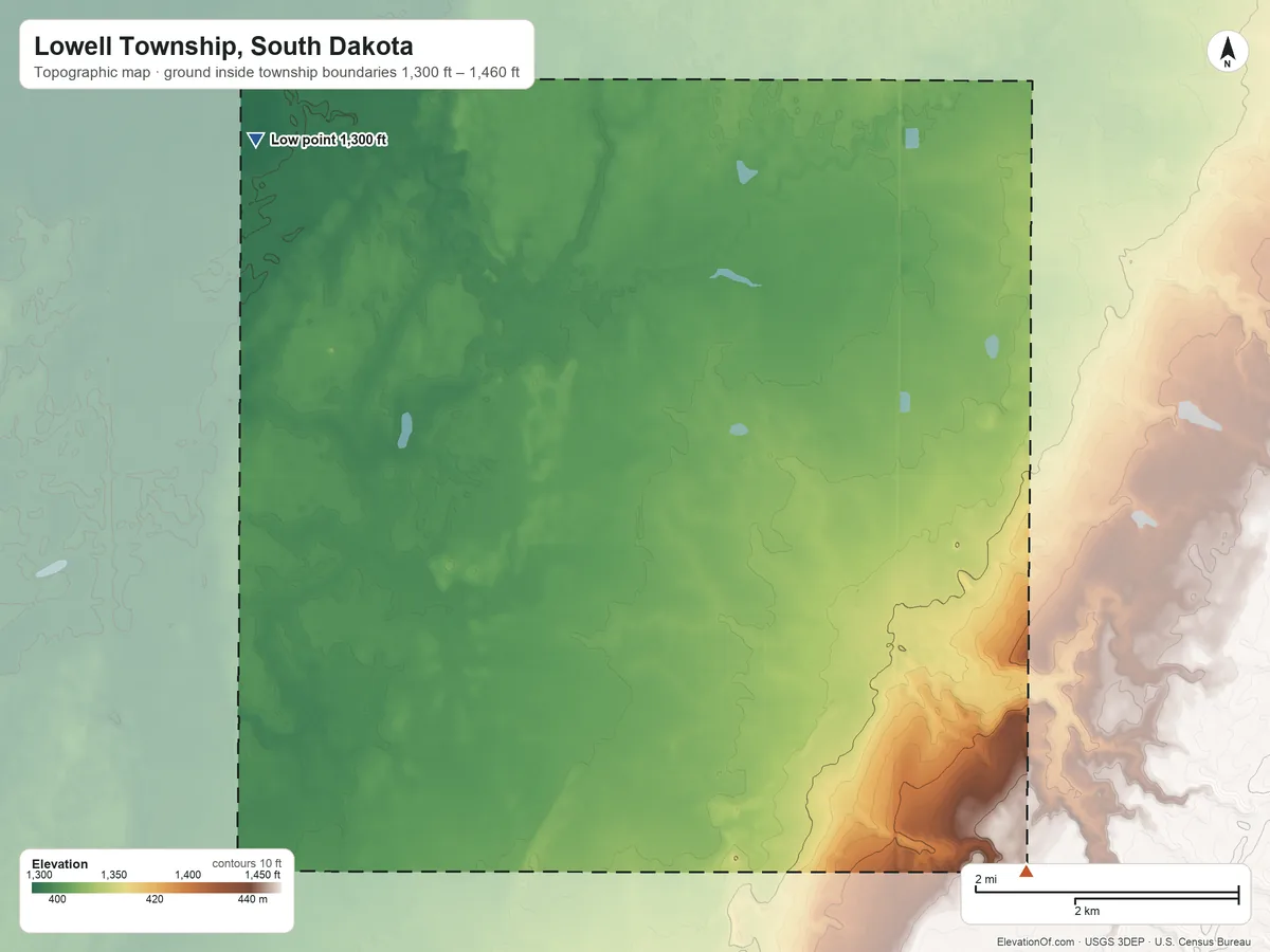 Topographic elevation map of Lowell Township, South Dakota, shaded from 1,300 ft on the northwest side to 1,460 ft on the southeast side