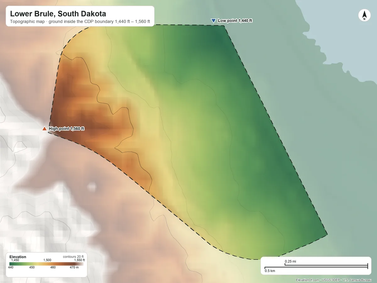 Topographic elevation map of Lower Brule, South Dakota, shaded from 1,440 ft on the north side to 1,560 ft on the west side