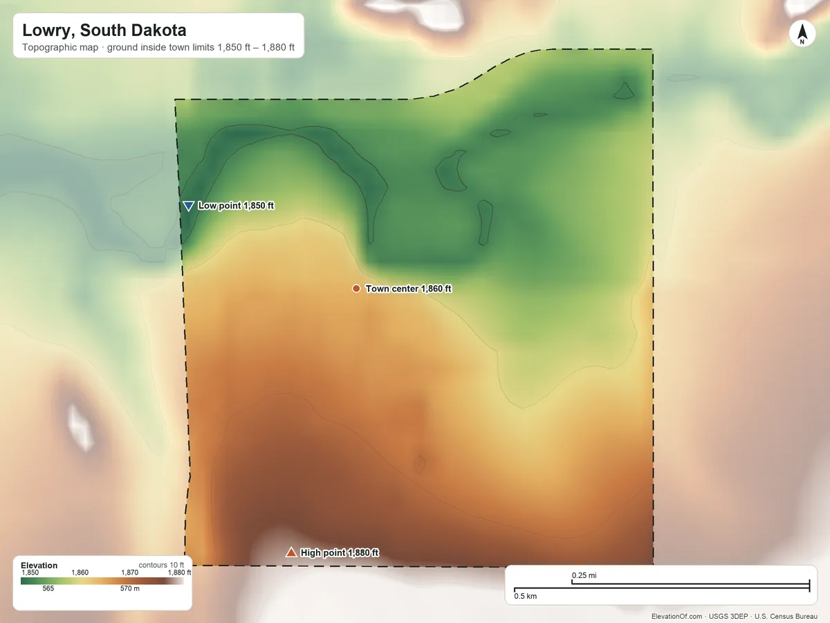 Topographic elevation map of Lowry, South Dakota, shaded from 1,850 ft on the northwest side to 1,880 ft on the south side