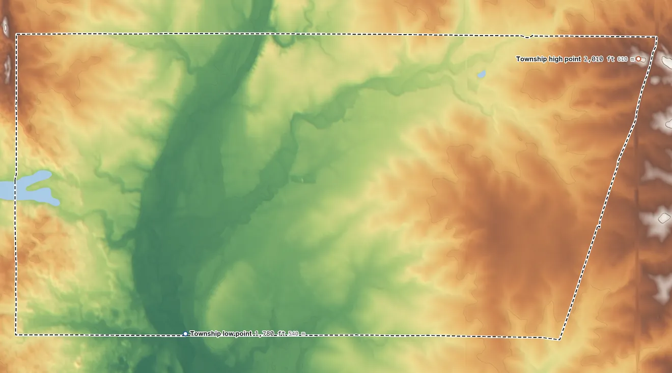 Topographic elevation map of Lura Township, South Dakota, shaded from 1,780 ft on the southwest side to 2,010 ft on the northeast side